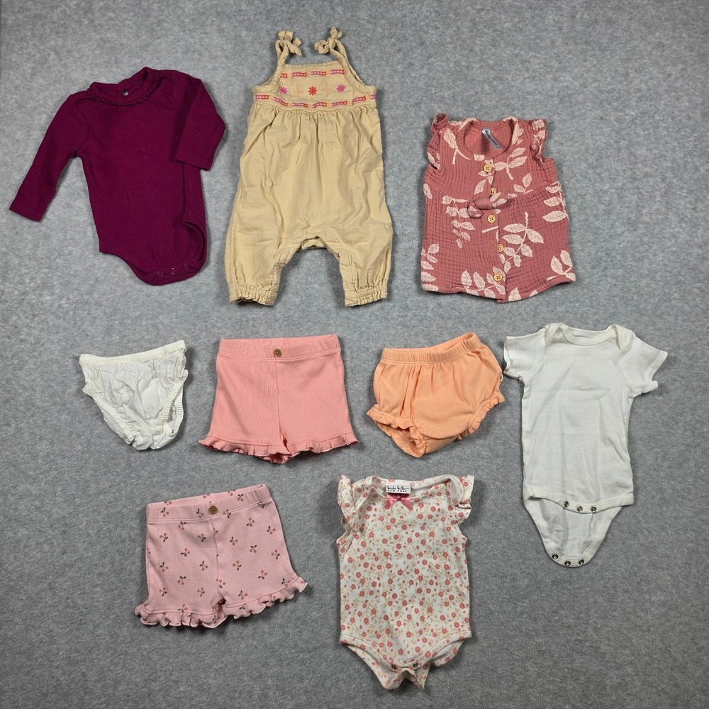 Lot of 9 Baby Girl Clothes Size 0-3 Months Mixed Lot Tops Bottoms Shorts Overall